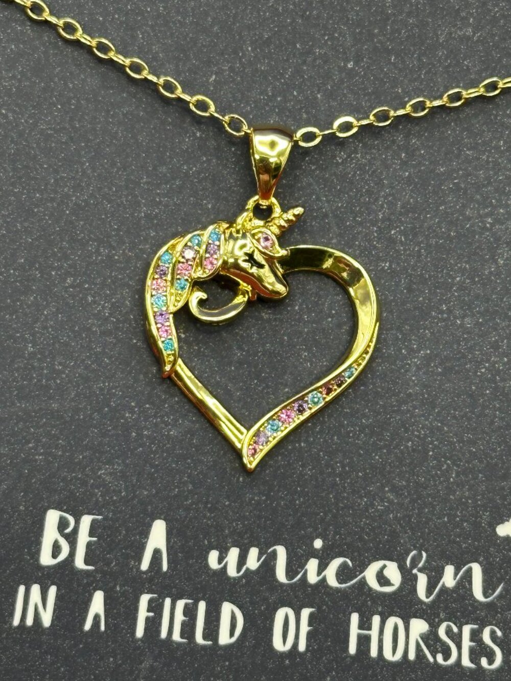 14K Gold Plated Unicorn Initial “C” Pendant Necklace New in Box.  CZ & Gems